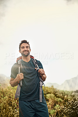 Buy stock photo Man, hike and happiness for adventure with backpacker for fitness, workout and explore on mountain top. Lens flare, smile and outdoor in nature for healthy mind in woods on holiday in New Zealand