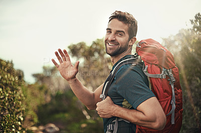 Buy stock photo Man, hike and hi with smile for adventure with backpack for fitness, workout and hobby in New Zealand. Portrait, happy and outdoor activity in nature for healthy mind in woods on holiday in summer