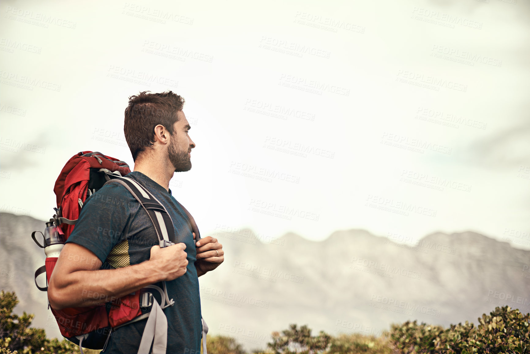 Buy stock photo Hiking, walking or man in nature on mountain for fitness, adventure or fun travel journey. Backpacker, view or workout exercise with male hiker trekking on path for training or freedom to explore