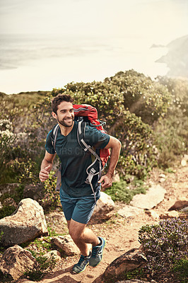 Buy stock photo Man, hiking and happy for fitness, health and wellness with back and mountain. Athlete, exercise and adventure with summer, sunshine and backpack journey on cape town trail with travel and vacation