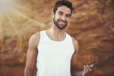 Buy stock photo Fitness, headphones and portrait of man with phone for training, exercise and music for workout. Male person, earphones and face with happiness for online streaming, podcast and morning cardio