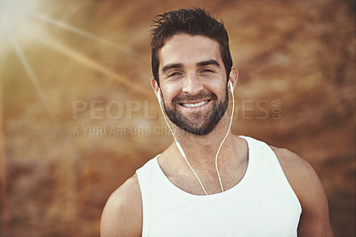 Buy stock photo Headphones, exercise and portrait of man with smile for fitness, training and music for cardio. Male person, earphones and face with happiness for streaming, audio or podcast for morning workout