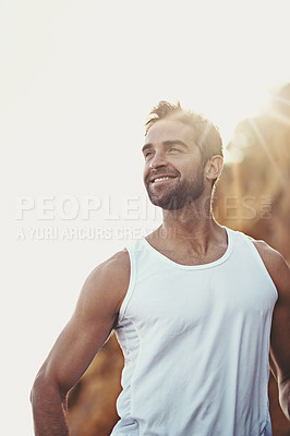 Buy stock photo Man, runner and wellness for outdoor workout, sports and nature for cardio or train for marathon. Male person, happy and fitness on mountain for performance challenge, athlete and exercise for race