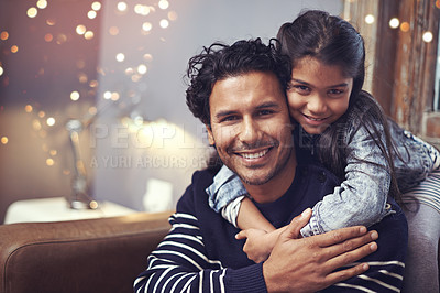 Buy stock photo father, child and portrait embrace in home for bonding connection on holiday vacation, childhood or development. Man, daughter and happiness in apartment with support love together, care or security