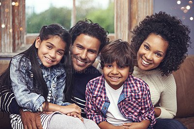 Buy stock photo Parents, children and family portrait in house for relaxing connection with comfort, support or love. Mother, father and siblings smile in living room for youth development or casual, holiday or care
