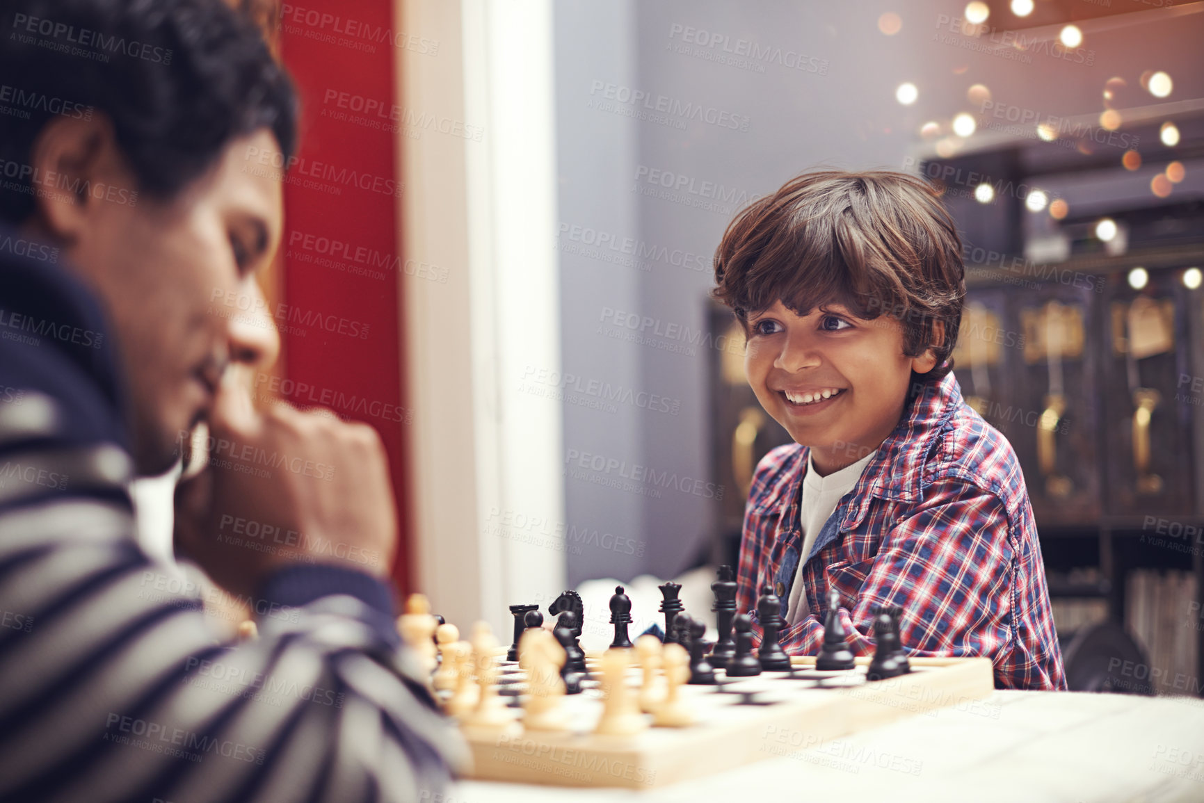 Buy stock photo Child, father and smile for chess strategy or planning checkmate move with knight, king or queen. Son, parent and pawn competition learning or decision thoughts or playing, contest or problem solving