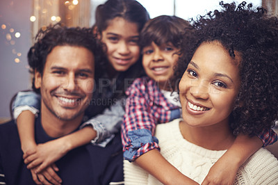 Buy stock photo Parents, children and family portrait in house with smile connection with comfort, support or love. Mother, father and siblings face in living room for youth development or casual, holiday or care
