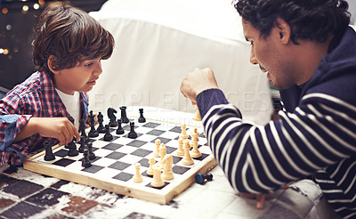 Buy stock photo Father, child and chess board game for competition challenge for planning strategy with pawn, knight or queen. Man, son and thinking choice for moving piece for winning play, holiday or connection