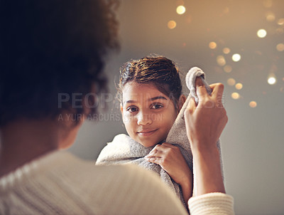 Buy stock photo Mother, girl and drying with towel for bath in smile at home as responsibility for support, help and care. Family, mom and kid in bathroom for childhood development or growth with memories and bokeh