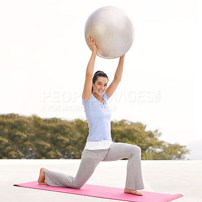 Buy stock photo Full length portrait of a young woman doing yoga outdoors