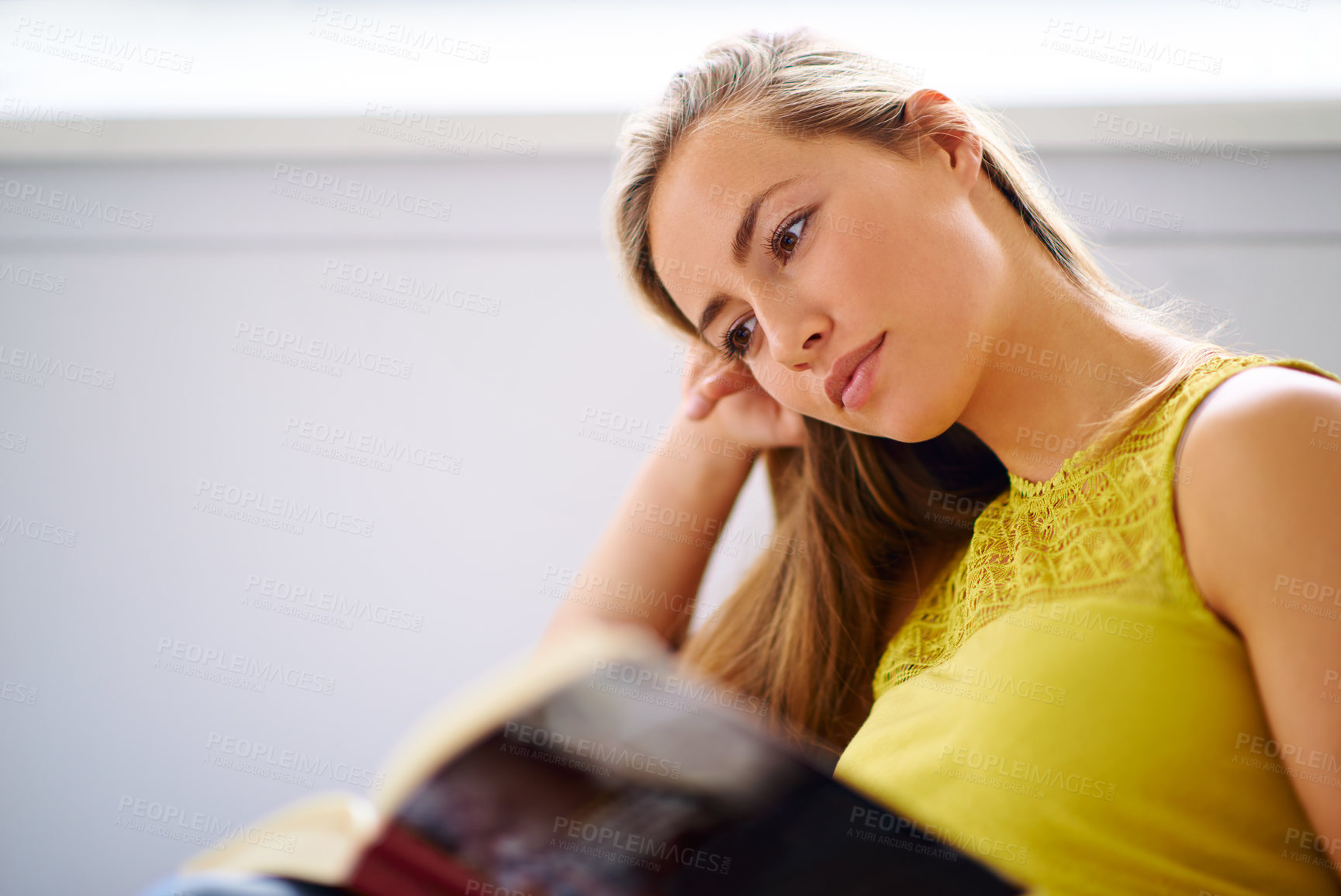 Buy stock photo Relax, reading and woman in home with books on sofa for learning, knowledge and education. Literature, apartment and person with novel, story and fiction for hobby, peace and calm in living room