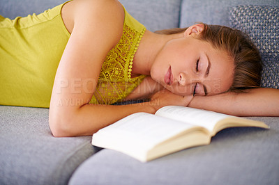 Buy stock photo Woman, book and sleeping on sofa for nap, tired and exhausted at home. Female person, novel and resting on couch for comfort, calm and peace in apartment after reading or story in living room