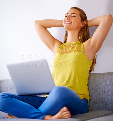 Buy stock photo Student, smile and stretching with laptop for good grades, holiday break and education. Happy, e learning on computer and excited for university task or relax on vacation, study and training exercise