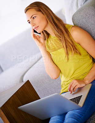 Buy stock photo Woman, smartphone and phone call for remote work, social media or communication for negotiation. Mobile app, female entrepreneur and networking on cellphone for conversation or website for company