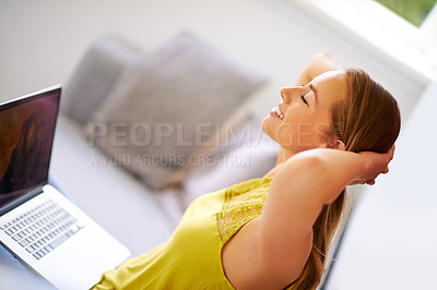 Buy stock photo Business woman, laptop and stretching for break at home, smile and entrepreneur or startup. Happy, remote work employee on sofa with computer and achievement for target or report done by worker