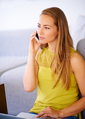 Buy stock photo Woman, phonecall and smartphone for remote work, laptop or communication for negotiation. Mobile app, female entrepreneur and networking on computer for conversation or freelance startup at home