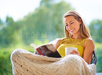 Buy stock photo Reading book, relax and happy woman on sofa with story, literature and fantasy in home. Smile, learning and college student in apartment for studying, education and knowledge for vacation or holiday