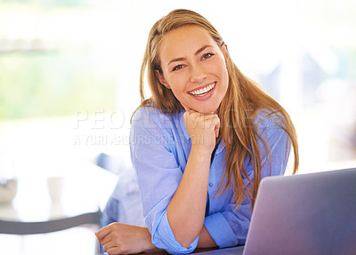 Buy stock photo Portrait of a young woman sitting with her laptop at home