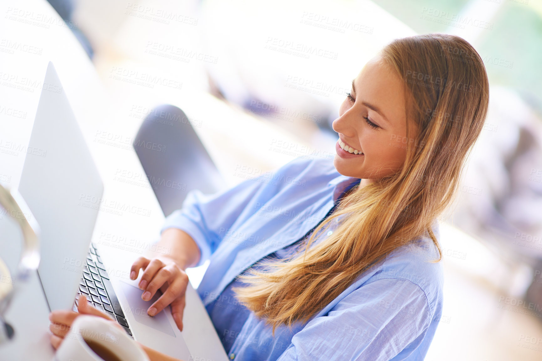 Buy stock photo Happy, woman and laptop on desk typing for communication, email or connection in home. Female person, smile and remote working tech for online research, internet news or writing blog in house