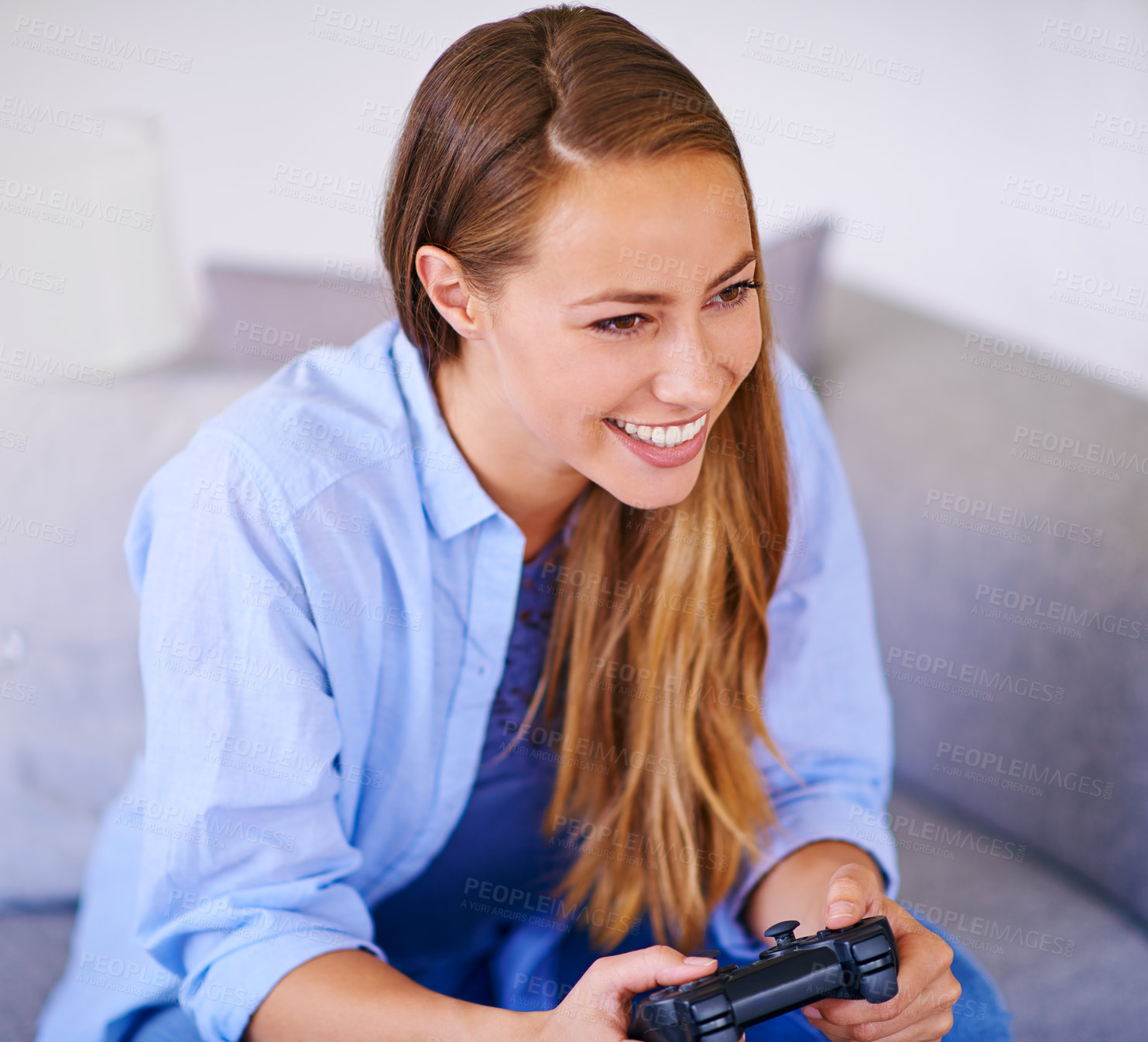 Buy stock photo Smile, woman and play video game in home living room sofa to relax with tv on internet. Technology, controller or happy girl on console in lounge for online gamer entertainment on television in house