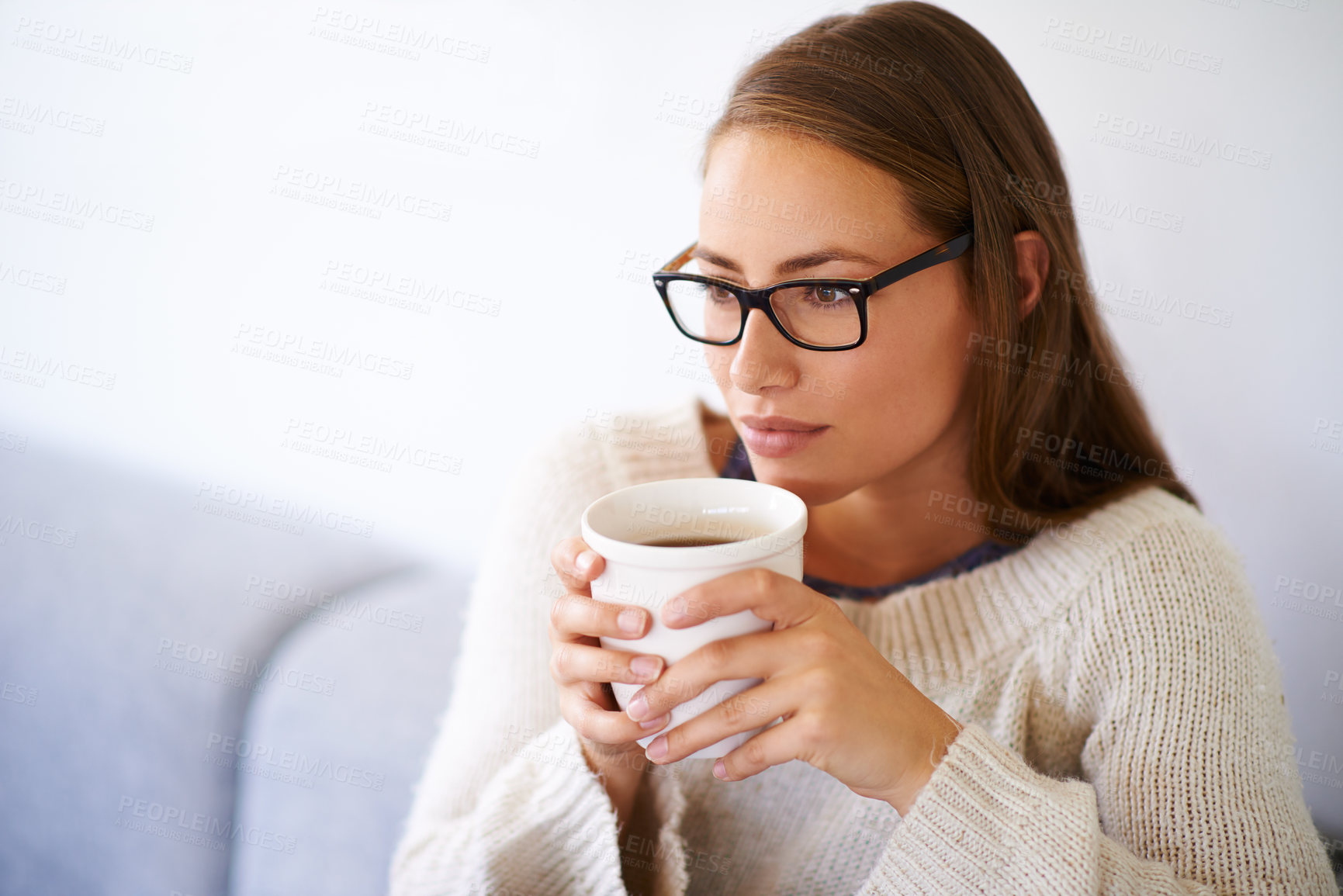 Buy stock photo Girl, thinking and relax on sofa with coffee for break of remote work and thoughts of ideas for freelancing or refreshment. Woman, glasses and home on couch in living room, beverage and comfort.