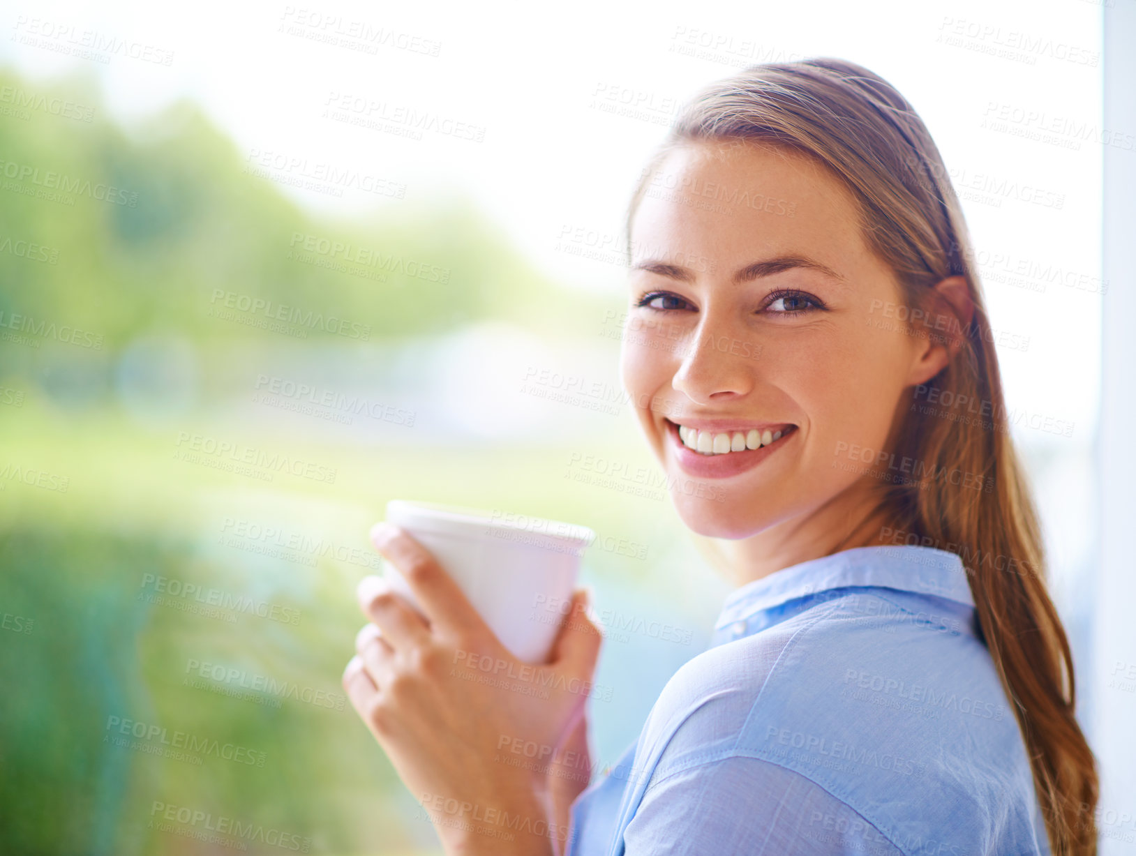 Buy stock photo Hotel, portrait and woman at window with coffee, smile and weekend holiday with latte, green tea and nature. Relax, glass and happy face of girl on vacation with morning drink in summer apartment.