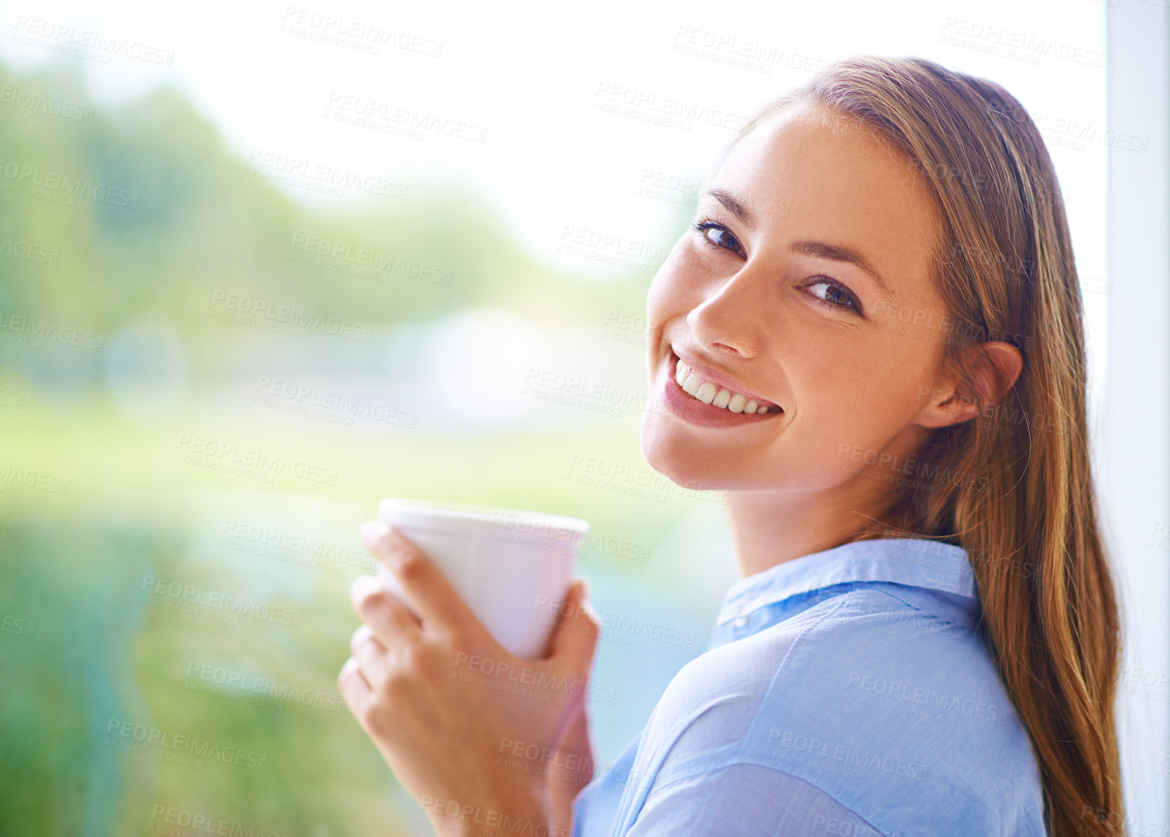 Buy stock photo Portrait, woman and coffee cup in hand happy for morning drink, break in home and Saturday chill. Female person, beverage and smile in house to relax, casual or comfortable with mug for tea at window