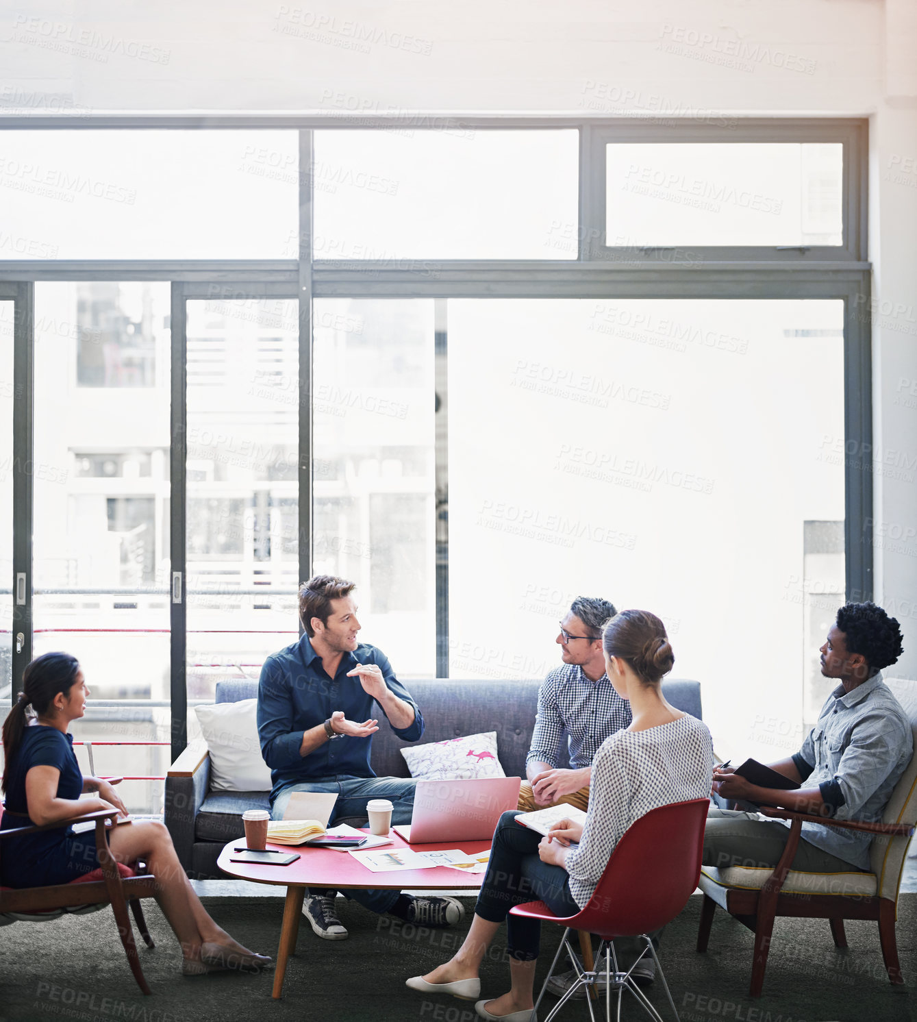 Buy stock photo Business people, meeting and brainstorming in workspace for collaboration, discussion or creative agency. Startup, planning and partnership in workplace for teamwork, strategy or pitch with diversity