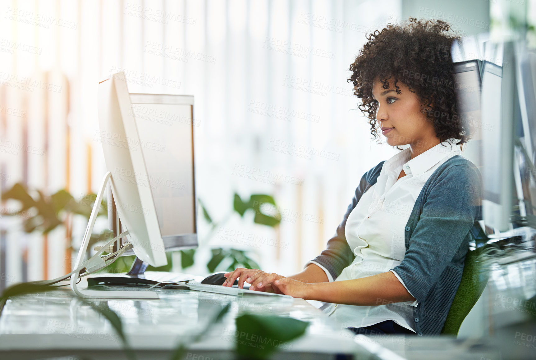 Buy stock photo Technology, typing and woman in office with research online for creative writing project planning. Computer, reading and female journalist working on keyboard for email for review in workplace.