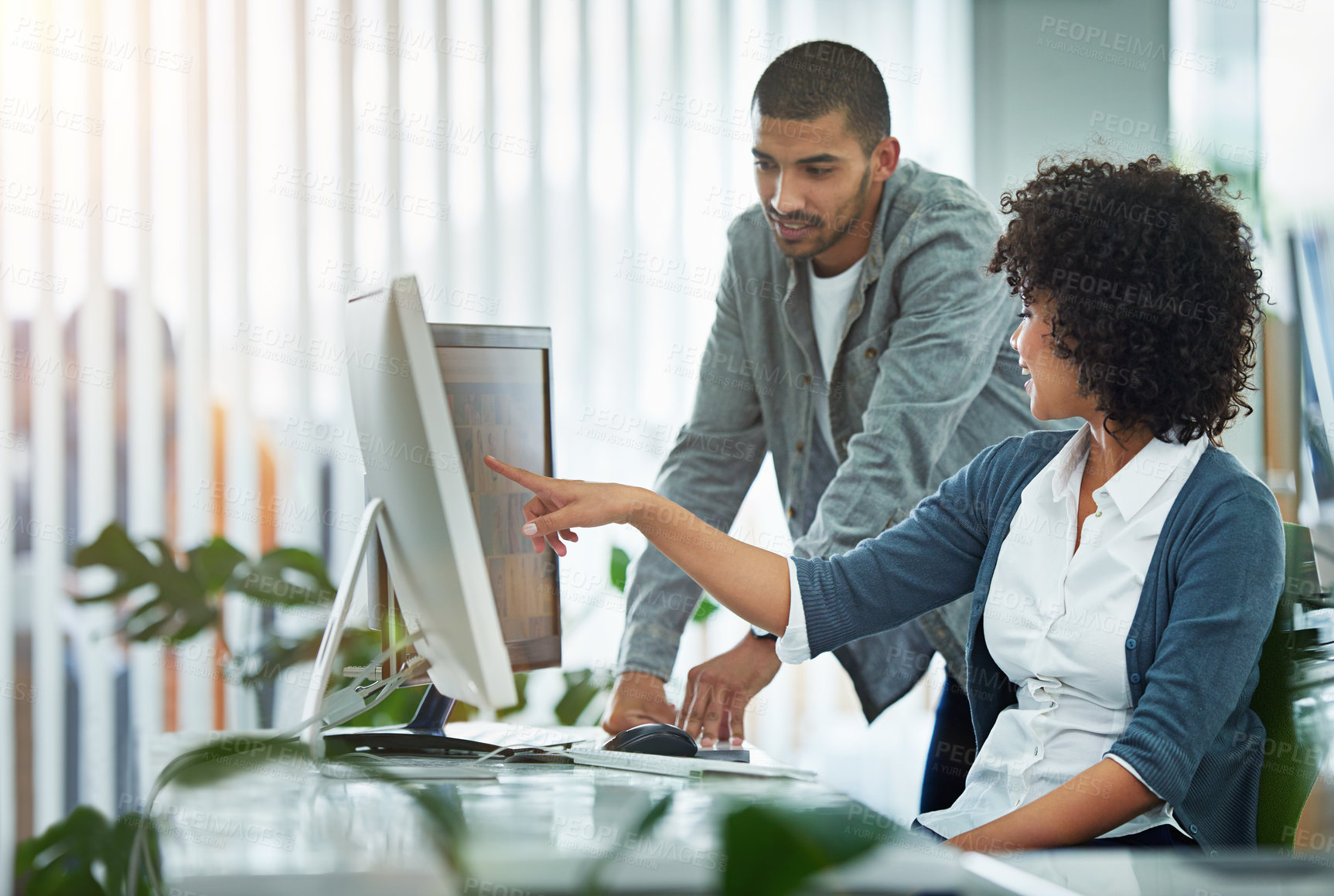 Buy stock photo Business people, advice and man with woman, computer and training with internet, web designer and planning. Progress, employees and coworkers with pc, solution and coaching with mentor and connection