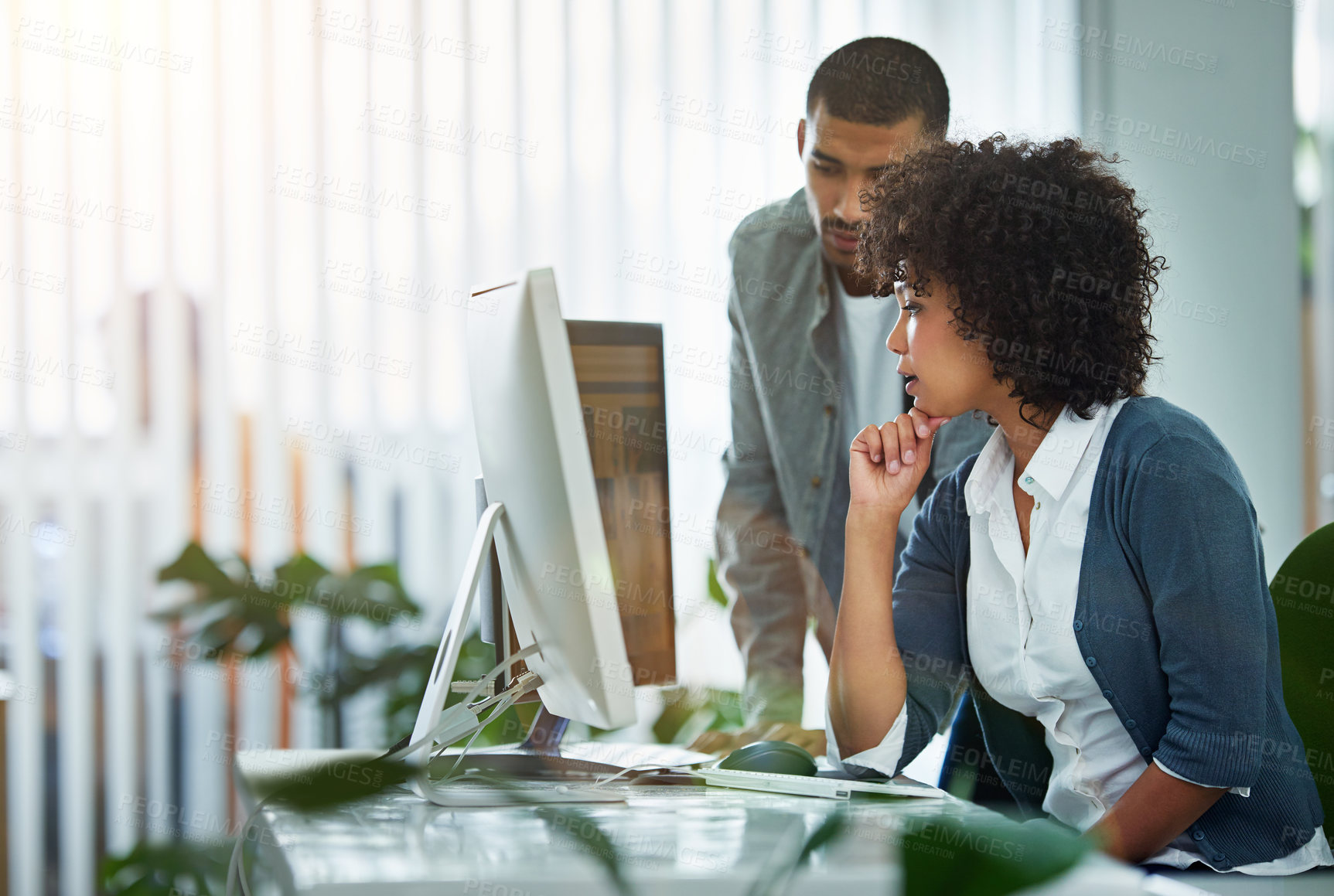 Buy stock photo Business people, brainstorming and man with woman, computer and advice with online reading, kpi review and planning. Progress, employees and feedback with pc, solution and coaching with email or help