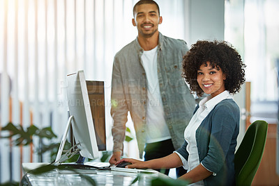 Buy stock photo Happy, trust and excited team of designers working together on a project in the office. Portrait of African American businesspeople with a positive mindset and vision that support each other