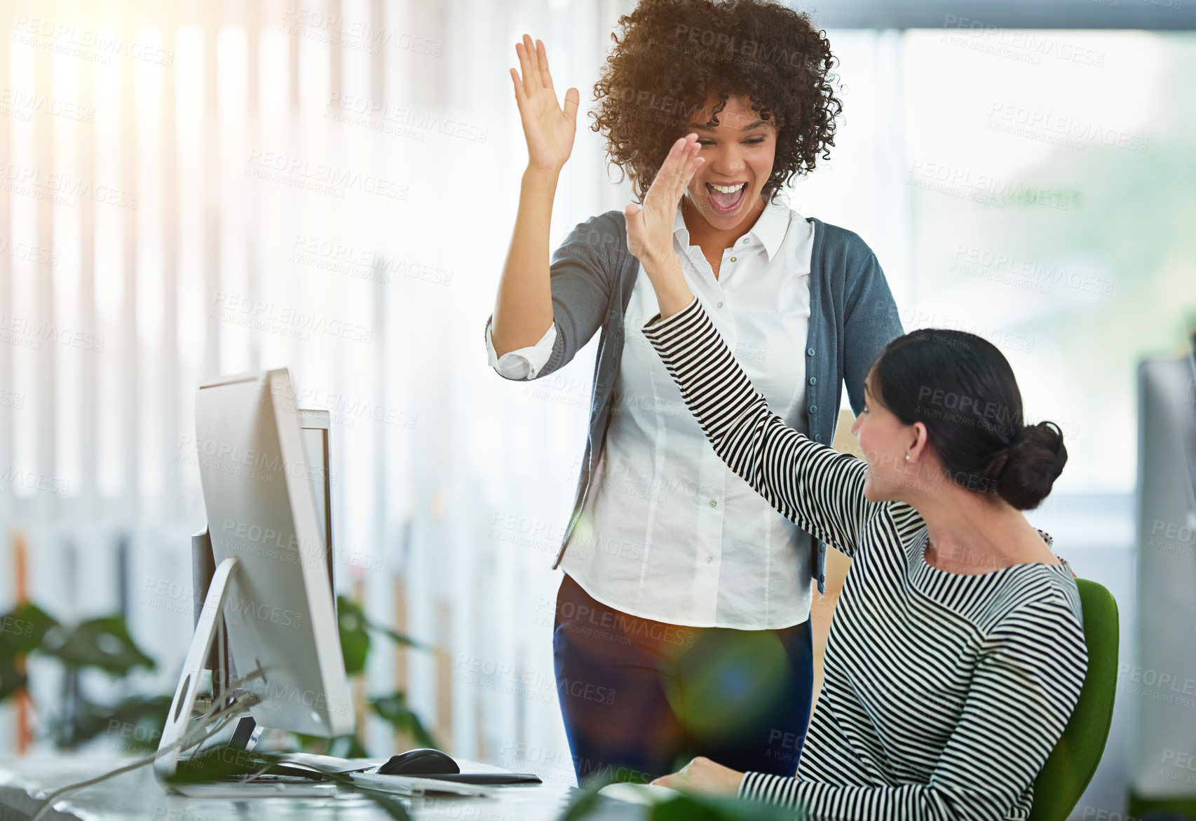 Buy stock photo High five, teamwork and business women in office with success for creative project together. Happy, collaboration and female interior designers with celebration gesture for winning in workplace.