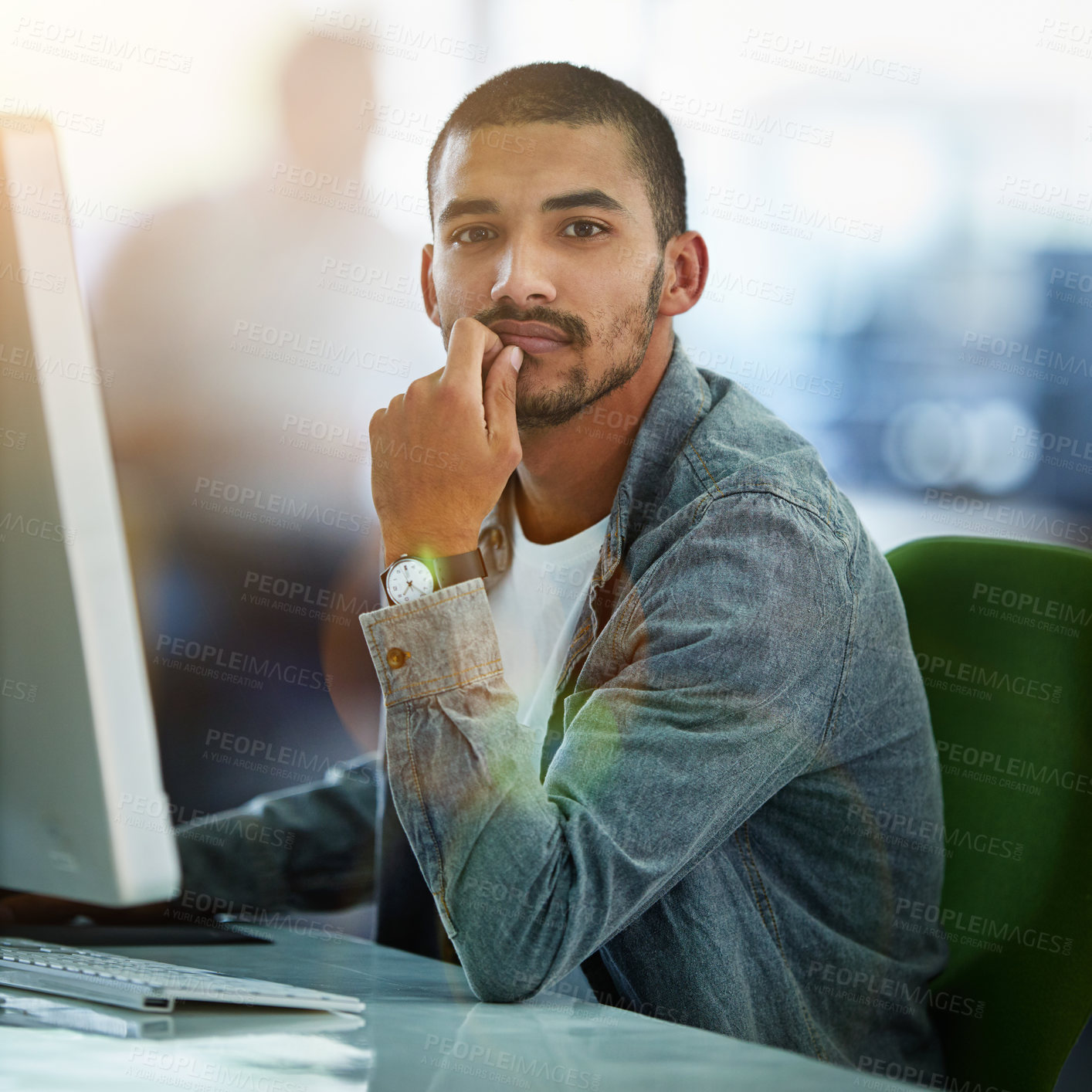 Buy stock photo Man, portrait and computer at desk as graphic designer or online website, programming or software. Male person, face and creative copywriting at media agency or desktop for digital, research or skill