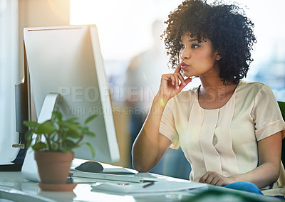 Buy stock photo Office, computer and woman with thinking at desk for digital editing, research and communication. Journalist, employee and person with idea by desktop at work email, review and feedback on article