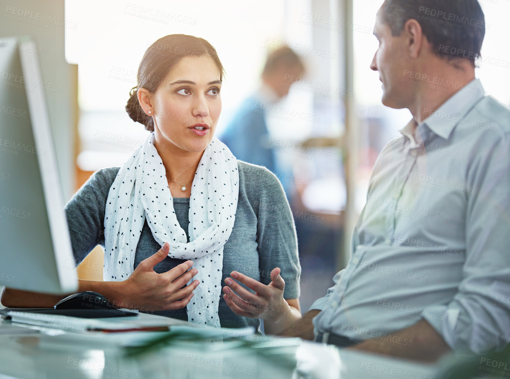 Buy stock photo Woman, talking and coaching employee in office, businessman and workplace discussion or project review. Teamwork, collaboration and partnership for company, professional and training support 