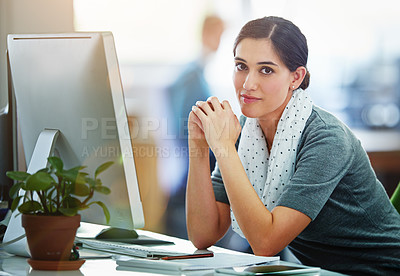 Buy stock photo Woman, portrait and business office and table with computer, desktop and planning for online project. Receptionist, information and professional administrator, email and company schedule for work