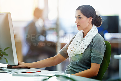 Buy stock photo Business woman, computer and search online for ideas, planning and project startup in workspace. Young graphic designer, worker or employee reading proposal or brief for website on desktop in office