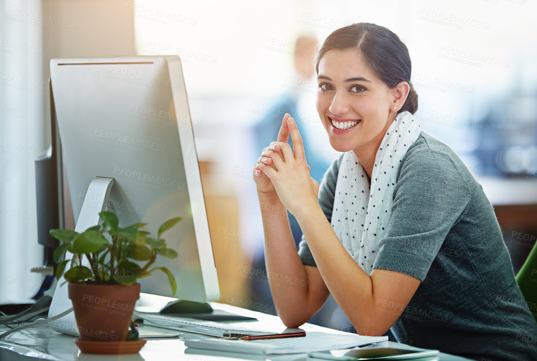 Buy stock photo Business, portrait and woman at desk in office for email planning schedule or agenda. Human resources, smile and employee with computer for happiness, administration or digital calendar update