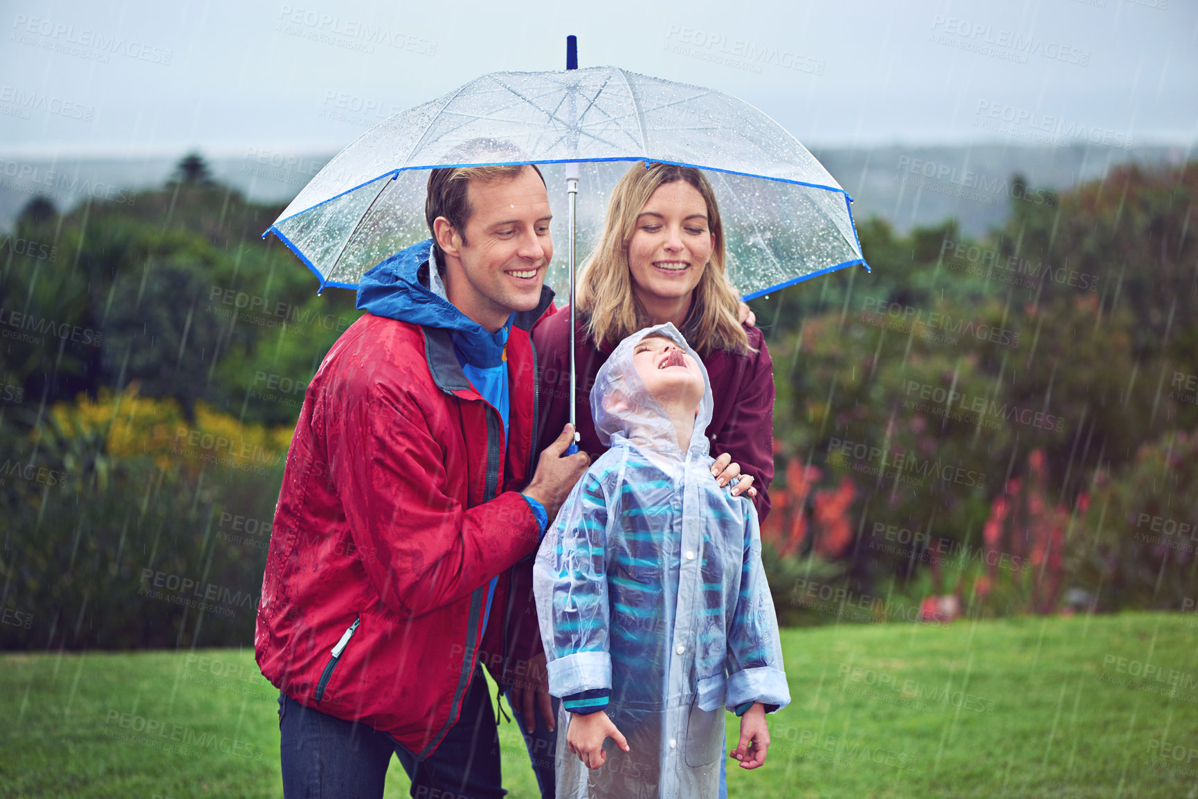 Buy stock photo Family, happy and outdoor in rain with umbrella in nature for fun, happiness or quality time. Man, woman and excited child with cover for water drops with freedom, love and care while playing at park