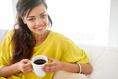 Buy stock photo Woman, portrait and coffee in living room for relax, happiness and sofa in apartment. `young female person, hot drink and rest indoors at home for self care, enjoyment and beverage for stress relief 