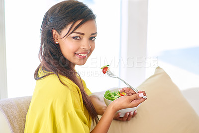 Buy stock photo Woman, smile  and salad for healthy food, nutrition and wellness for diet, vegan or organic eating. Young person bowl and fork for tomato and cucumber for detox, fresh lunch and fibre on mockup  