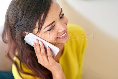 Buy stock photo Black woman, smartphone and phone call in house with above view for conversation, relax and connection. African person, tech and communication in home for discussion, comfort and relationship