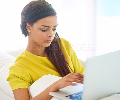 Buy stock photo Black woman, laptop and sofa in house for remote work, design and email with website. Fashion designer, technology and couch in home living room for career, project and calendar planning on weekend