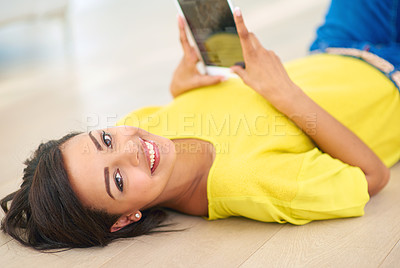 Buy stock photo Portrait, woman and floor at home with tablet for communication with family on digital technology in living room. Happy, female person and relaxing alone for weekend break with social media website