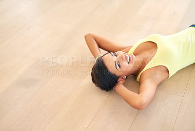 Buy stock photo Lay, relax and portrait of woman on floor for weekend break, chilling and satisfaction in home. Female person, mockup and smile with rest on ground for happy, positivity or stress relief from above