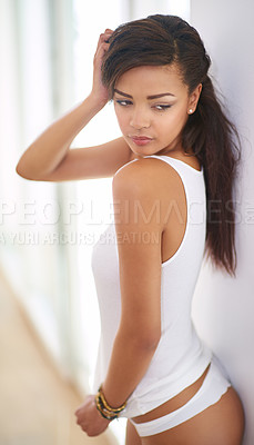 Buy stock photo Woman, underwear and body with skin in morning by bedroom for art deco, creative and feminine. Brazilian model, lingerie and confidence with sexy pose for decoration, photography and aesthetic