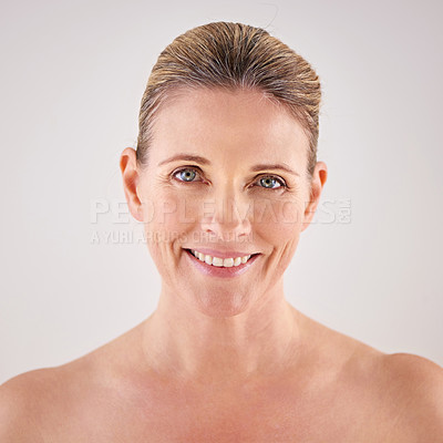 Buy stock photo Smile, portrait or mature woman with beauty or pride in studio isolated on white background. Facial treatment, skincare benefits or happy natural female model with glow, shine or anti aging cosmetics
