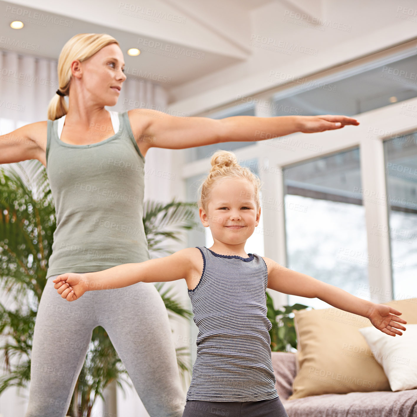 Buy stock photo Yoga, exercise with mother and child in living room, stretching out arms for balance and bonding. Woman, young girl and fitness together at family home, health and wellness with love and care