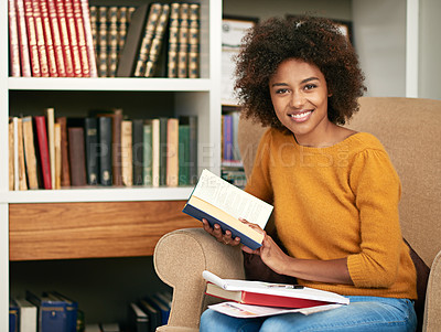 Buy stock photo Woman, portrait and library with book or university research with note or education project, academic or scholarship. Female person, face and learning knowledge on American campus, reading or college